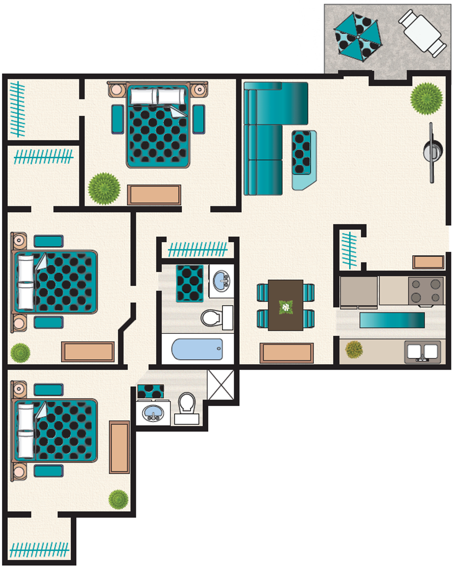 Floor plan for 3 beds, 2 baths, 1206 sqft